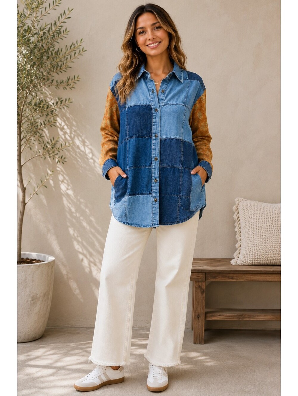 YOUNG THREADS Patchwork Denim Mixed Print Button Down Shirt Top NWT Large - Picture 3 of 5